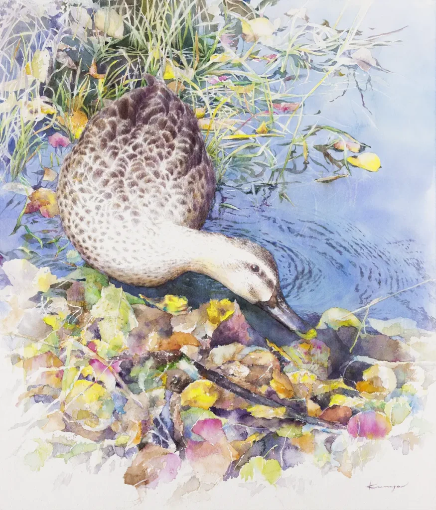 秋の小川にて、鴨と秋色を奏でる落ち葉たちを透明水彩で描いた作品