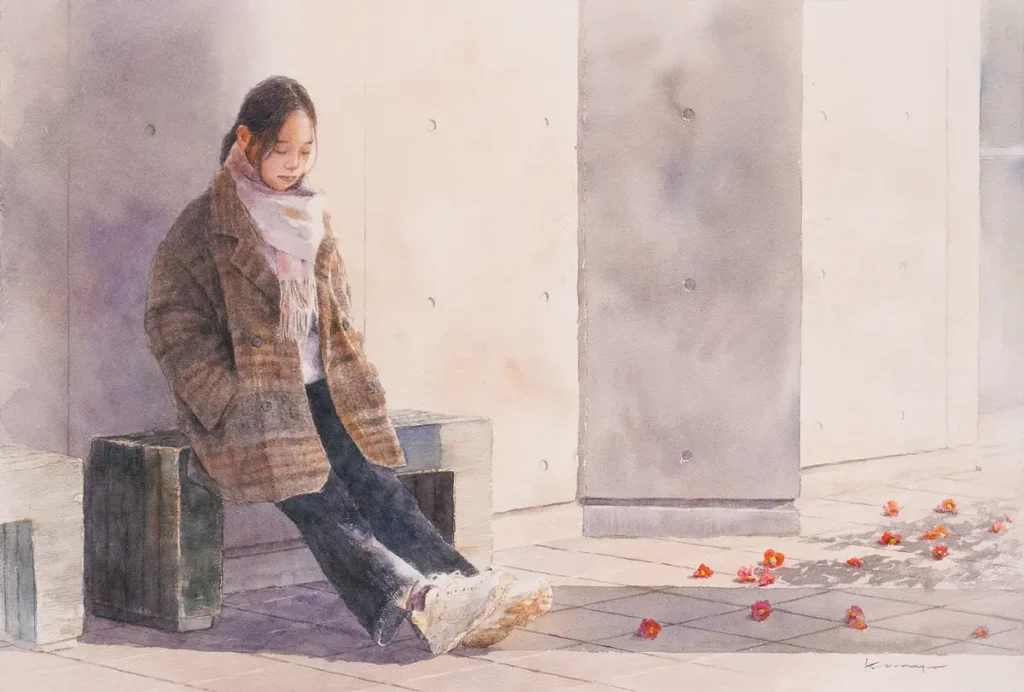 冬の早朝、ベンチに座り足元を見つめる少女と、椿の樹の影と落ちた椿の花を透明水彩で描いた作品