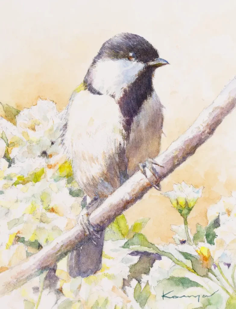 白いモッコウバラと枝にとまるシジュウカラを、やわらかな暖かさを感じる透明水彩で描いた作品