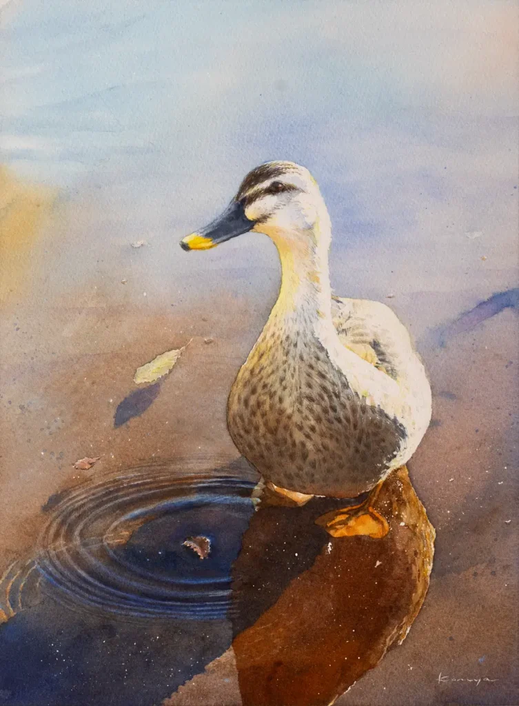 夕暮れの水辺を歩く鴨の水彩画