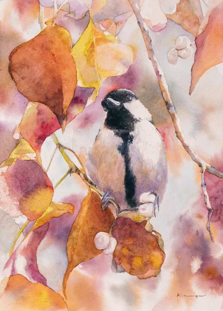 ナンキンハゼの白い実を掴んだシジュウカラを、冬の空気感をにじみを生かして透明水彩で描いた作品